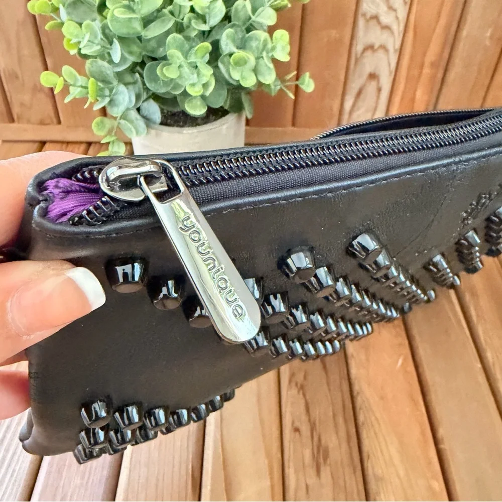 Edgy Black Leather Studded Clutch Crossbody Bag Wristlet Boho by Younique - Picture 8 of 8